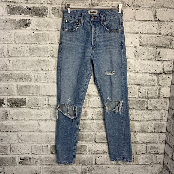 Agolde High Rise Distressed Light Wash Button Fly Straight Leg Ankle Jeans - Picture 1 of 11